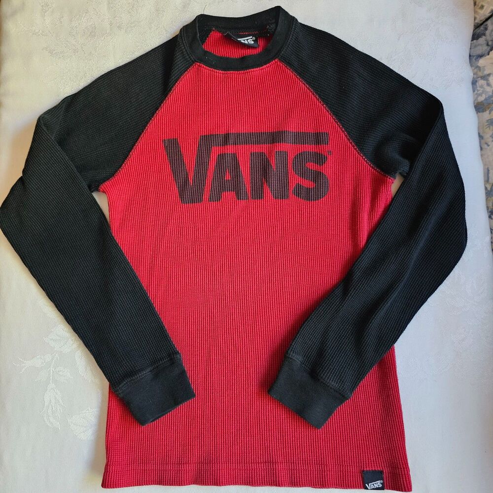VANS Boys Thermal Long Sleeve Shirt in Red & Black sz M